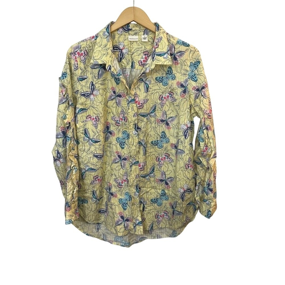 Westbound‎ Butterfly Button Up Shirt Butter Yellow Womens Large Ruffle Sleeves